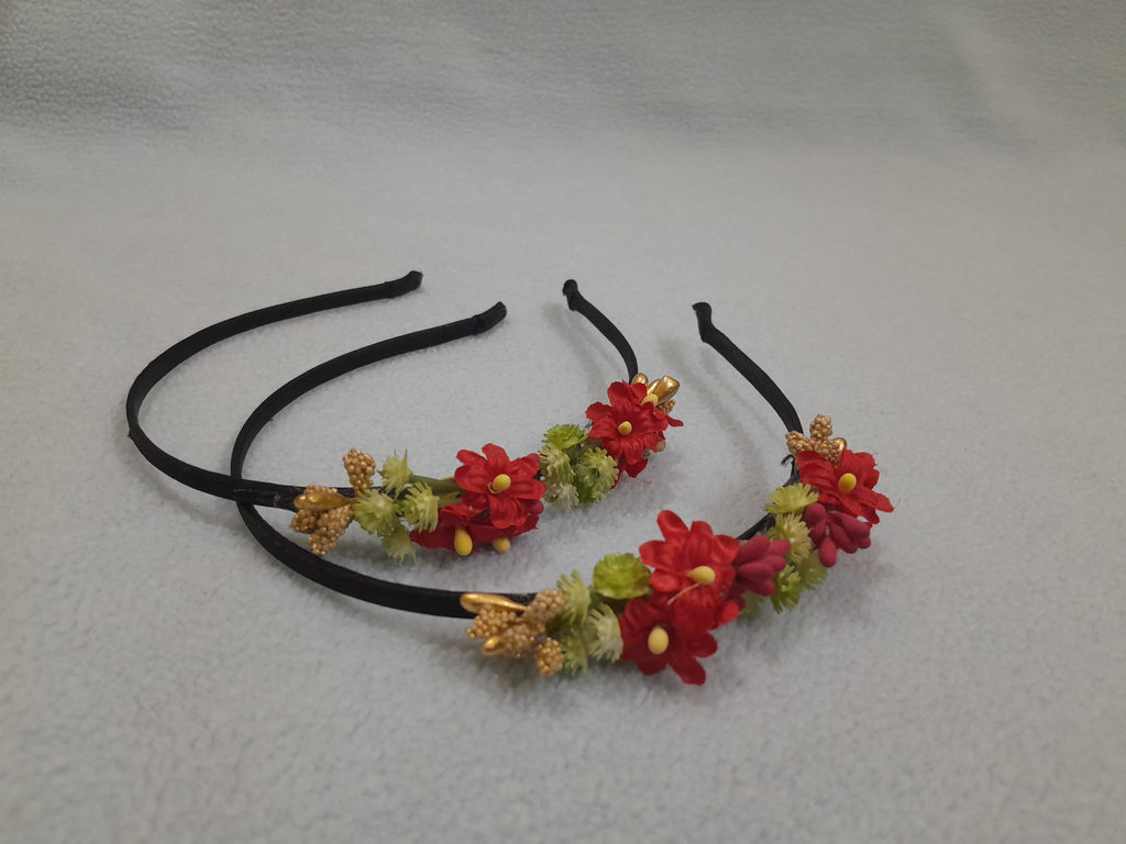 Floral headband with red flowers and green leaves 