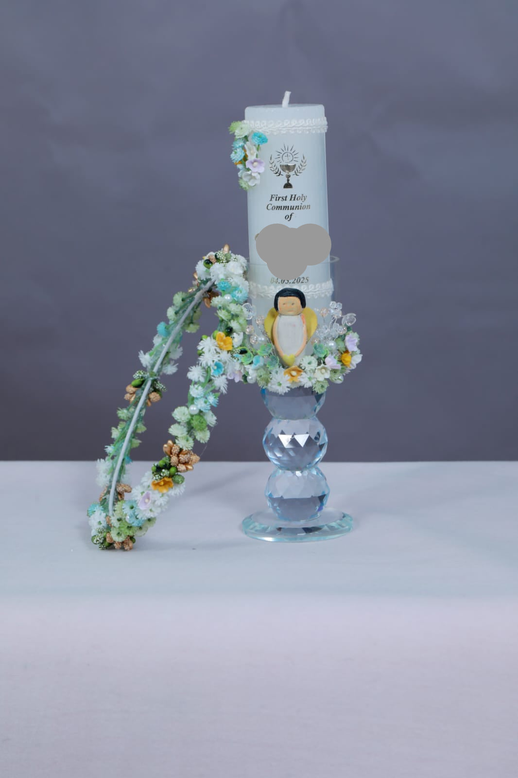 Decorated Glass Holder candle and crown baptism /holy communion